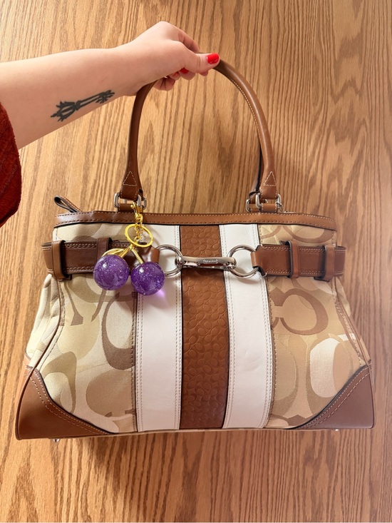 Coach Handbags - Coach Tan, White and Purple Stripe Satchel with Charm